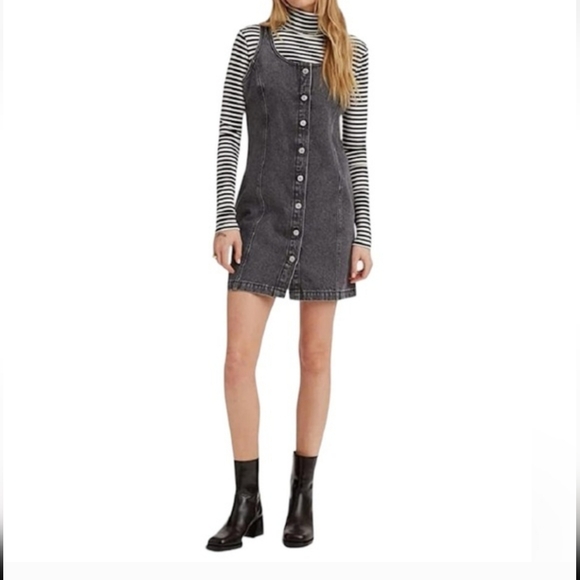 Levi's Dresses & Skirts - Levi's Grey Button-Front Black Denim Pinafore Dress